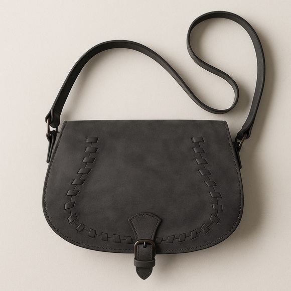 T-Shirt & Jeans Handbags - T-Shirt & Jeans Gray Faux Suede Crossbody Saddle Bag Whipstitch Boho Western